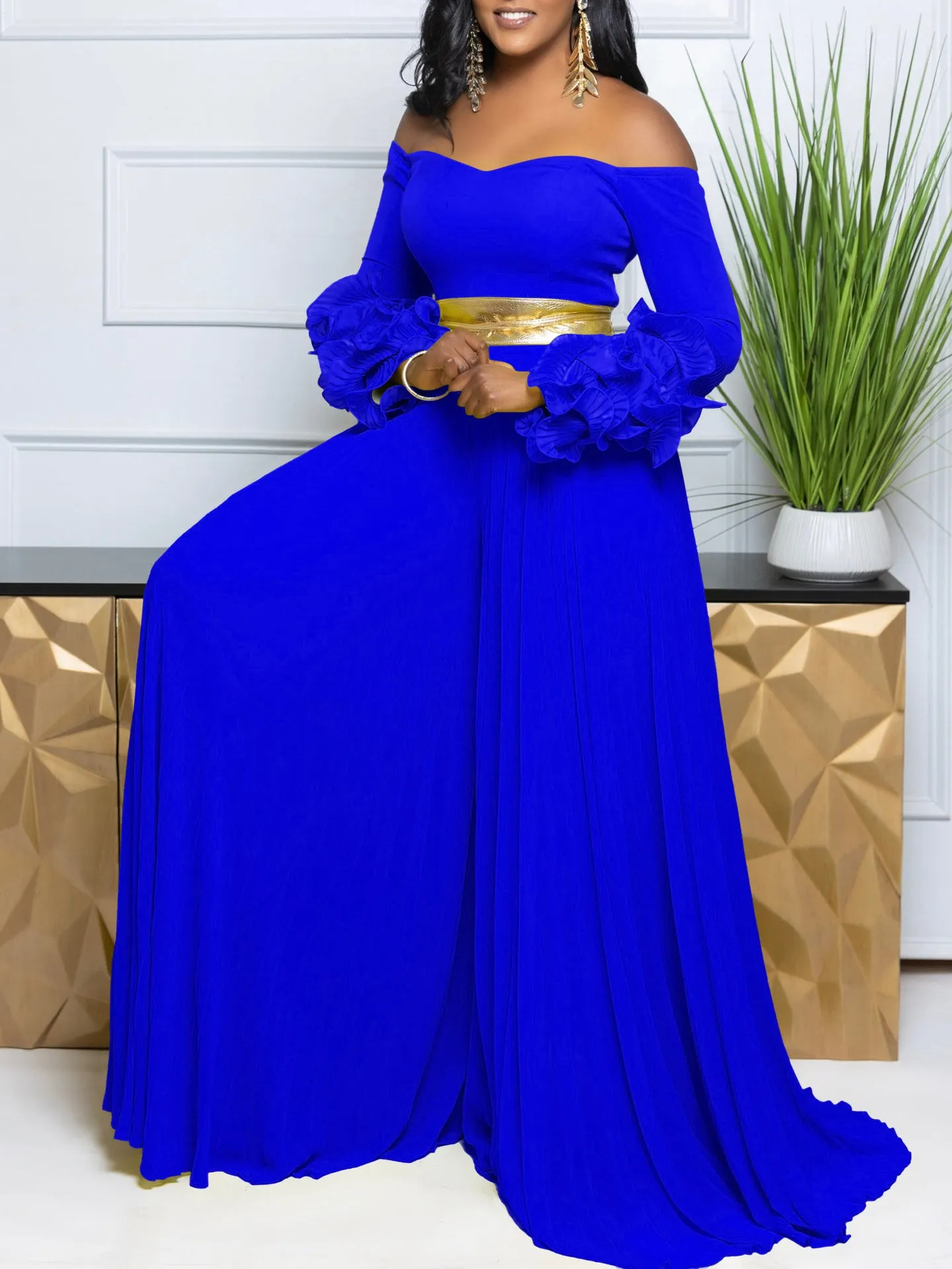 Sophisticated Off-Shoulder Ruffle Sleeve Pleated Wide-Leg Jumpsuit