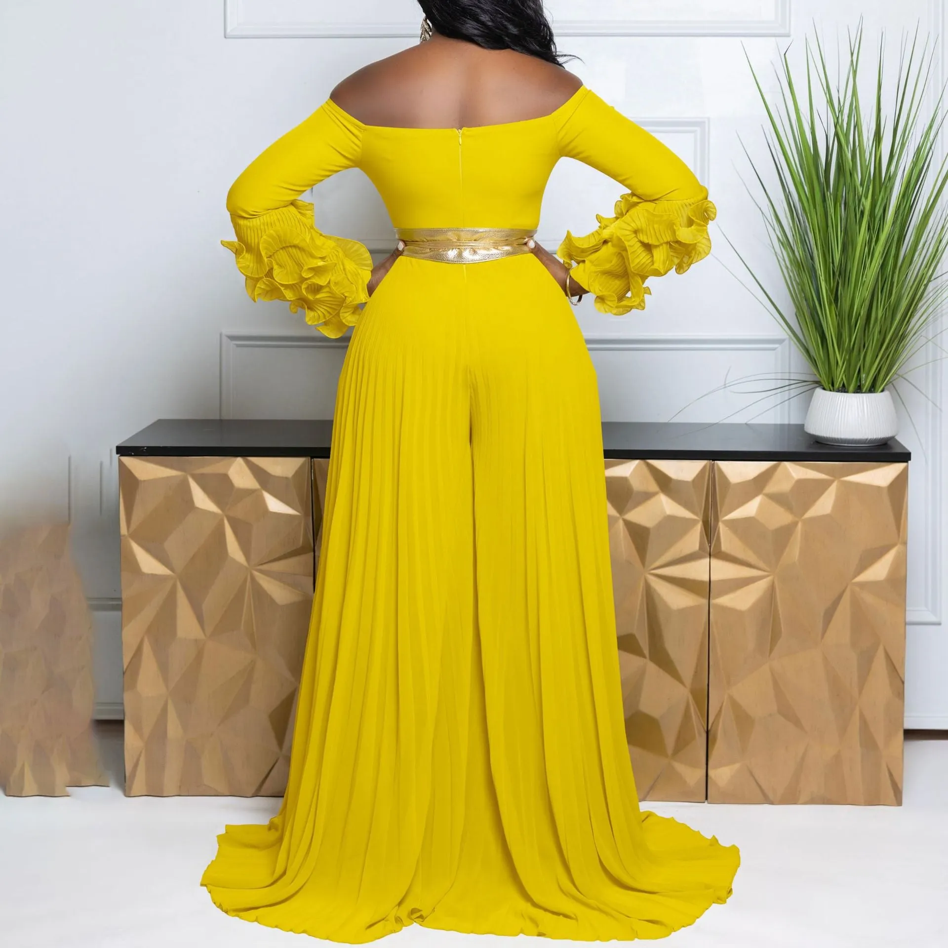 Sophisticated Off-Shoulder Ruffle Sleeve Pleated Wide-Leg Jumpsuit