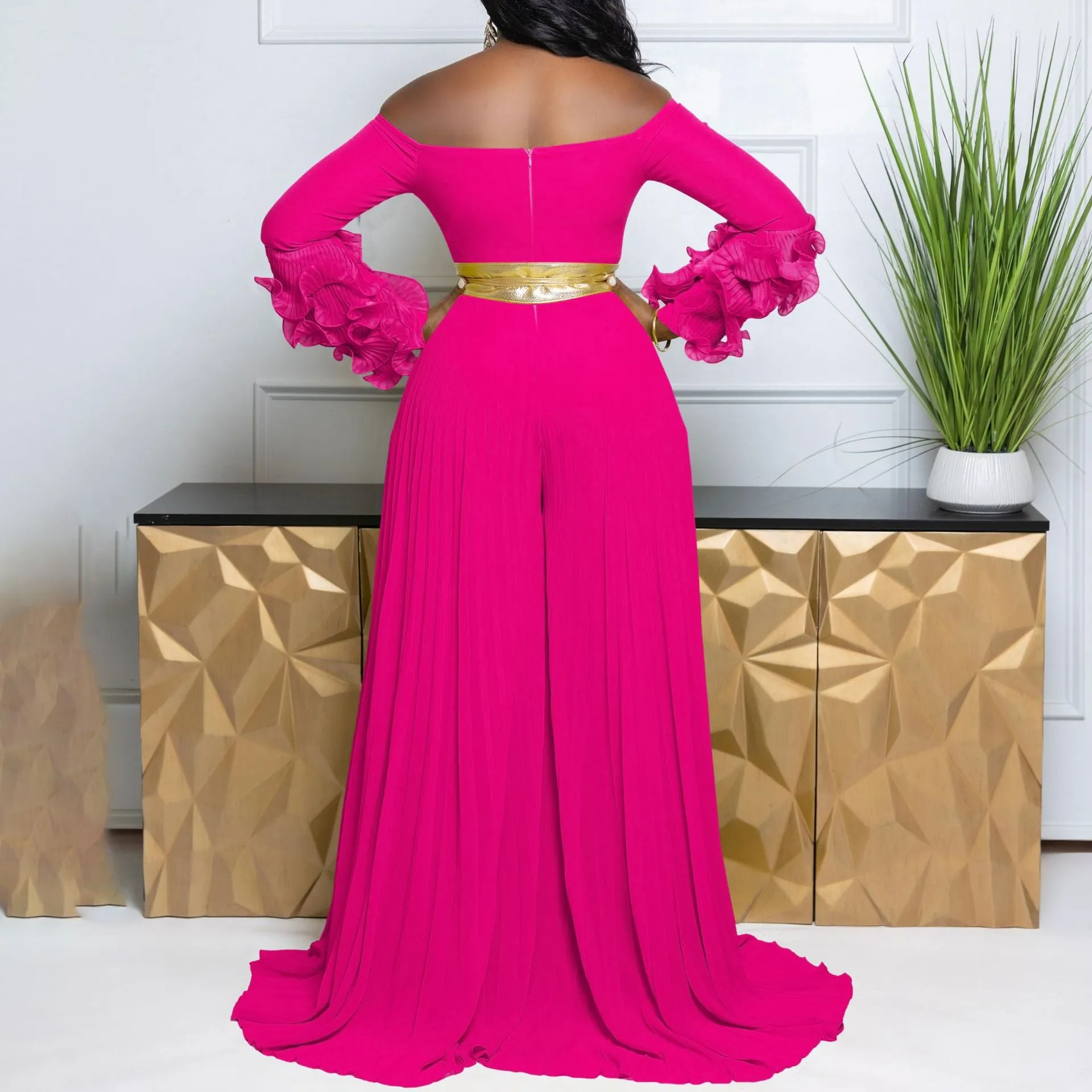 Sophisticated Off-Shoulder Ruffle Sleeve Pleated Wide-Leg Jumpsuit