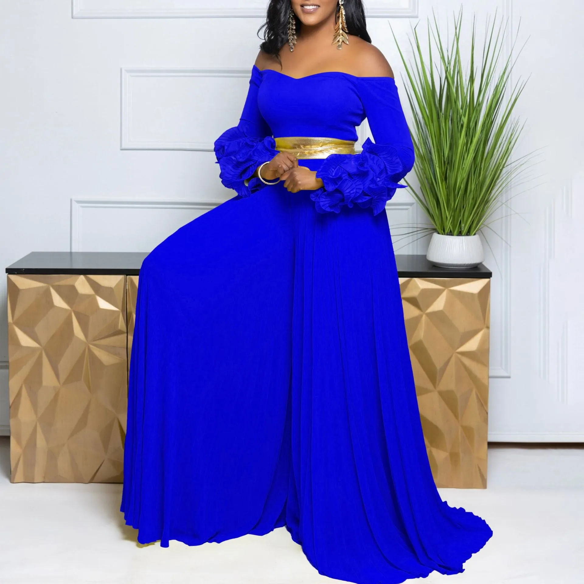 Sophisticated Off-Shoulder Ruffle Sleeve Pleated Wide-Leg Jumpsuit
