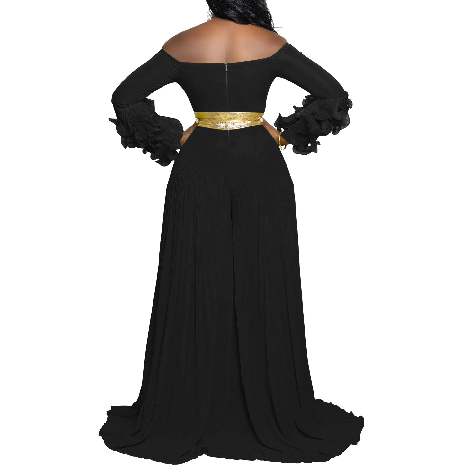 Sophisticated Off-Shoulder Ruffle Sleeve Pleated Wide-Leg Jumpsuit