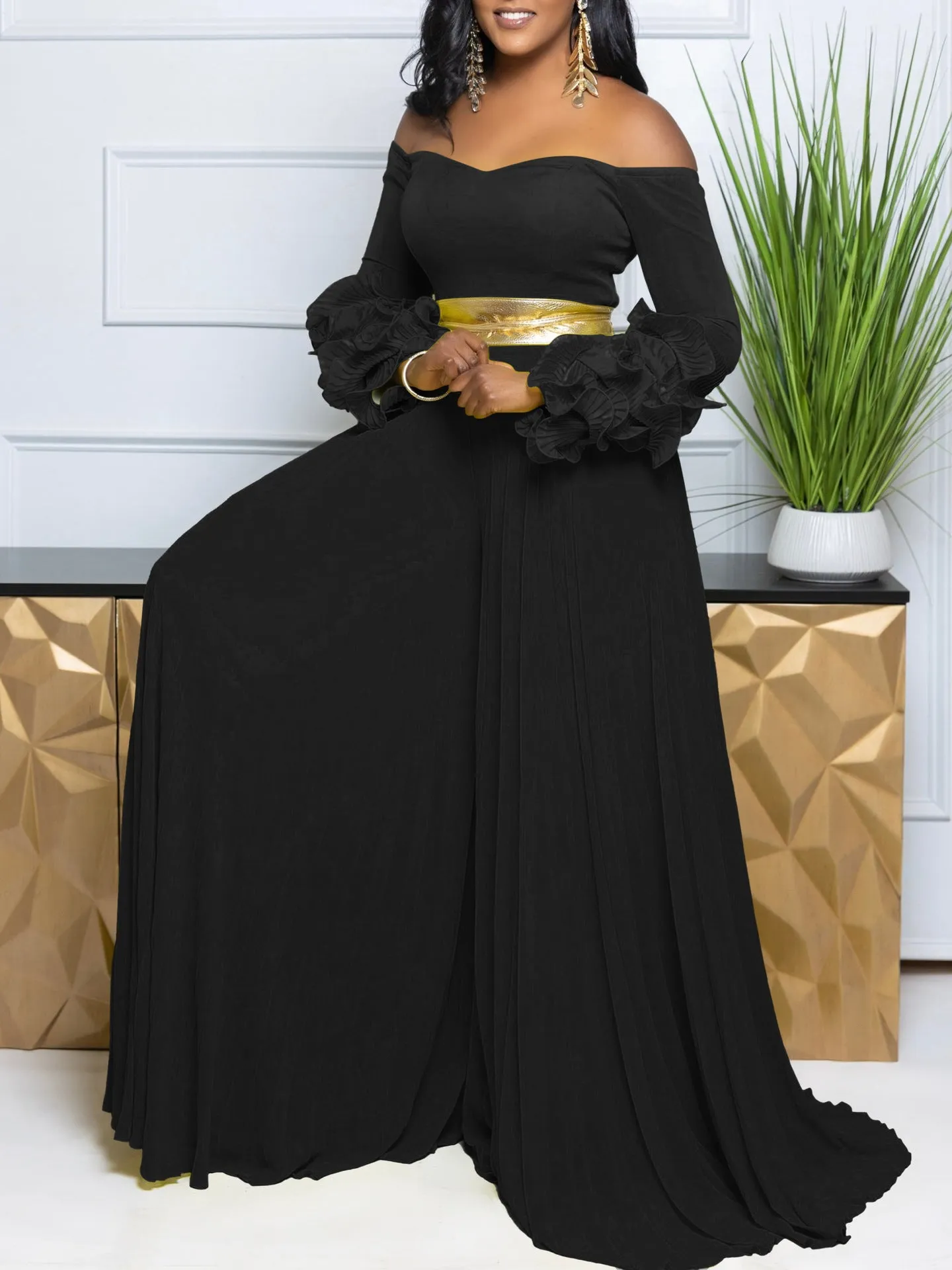Sophisticated Off-Shoulder Ruffle Sleeve Pleated Wide-Leg Jumpsuit