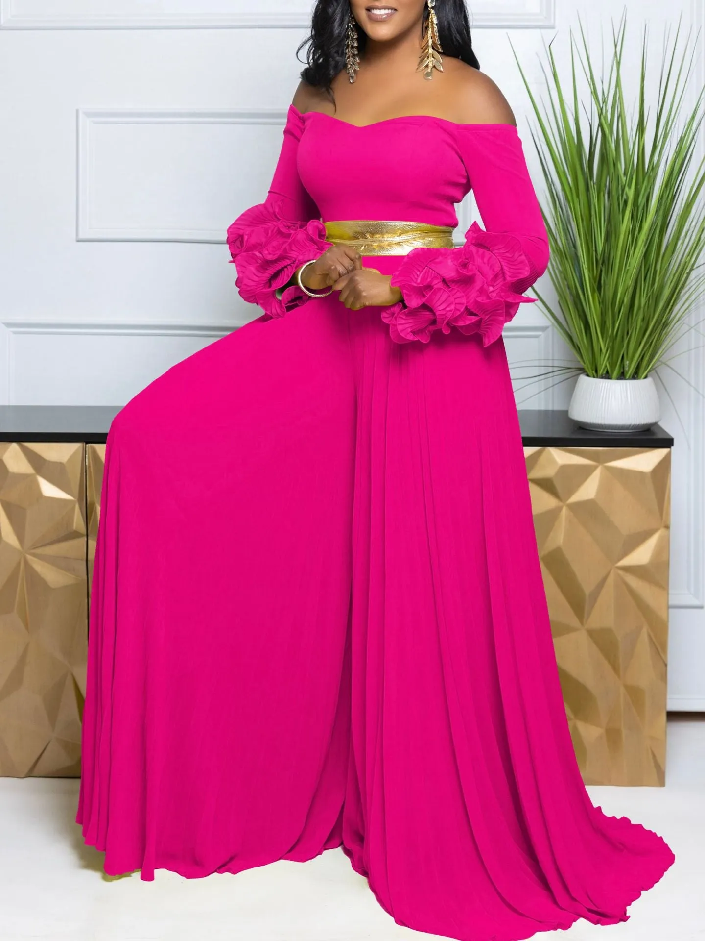 Sophisticated Off-Shoulder Ruffle Sleeve Pleated Wide-Leg Jumpsuit