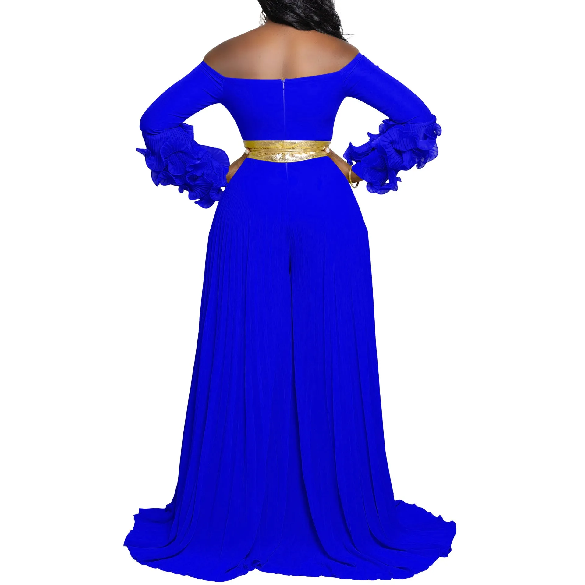 Sophisticated Off-Shoulder Ruffle Sleeve Pleated Wide-Leg Jumpsuit