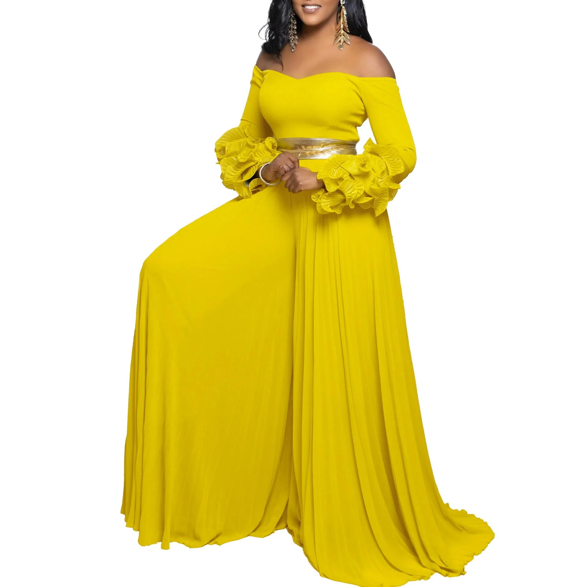 Sophisticated Off-Shoulder Ruffle Sleeve Pleated Wide-Leg Jumpsuit