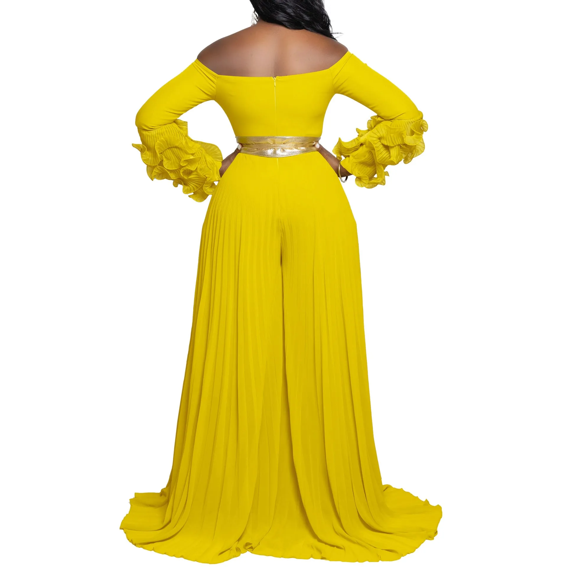 Sophisticated Off-Shoulder Ruffle Sleeve Pleated Wide-Leg Jumpsuit
