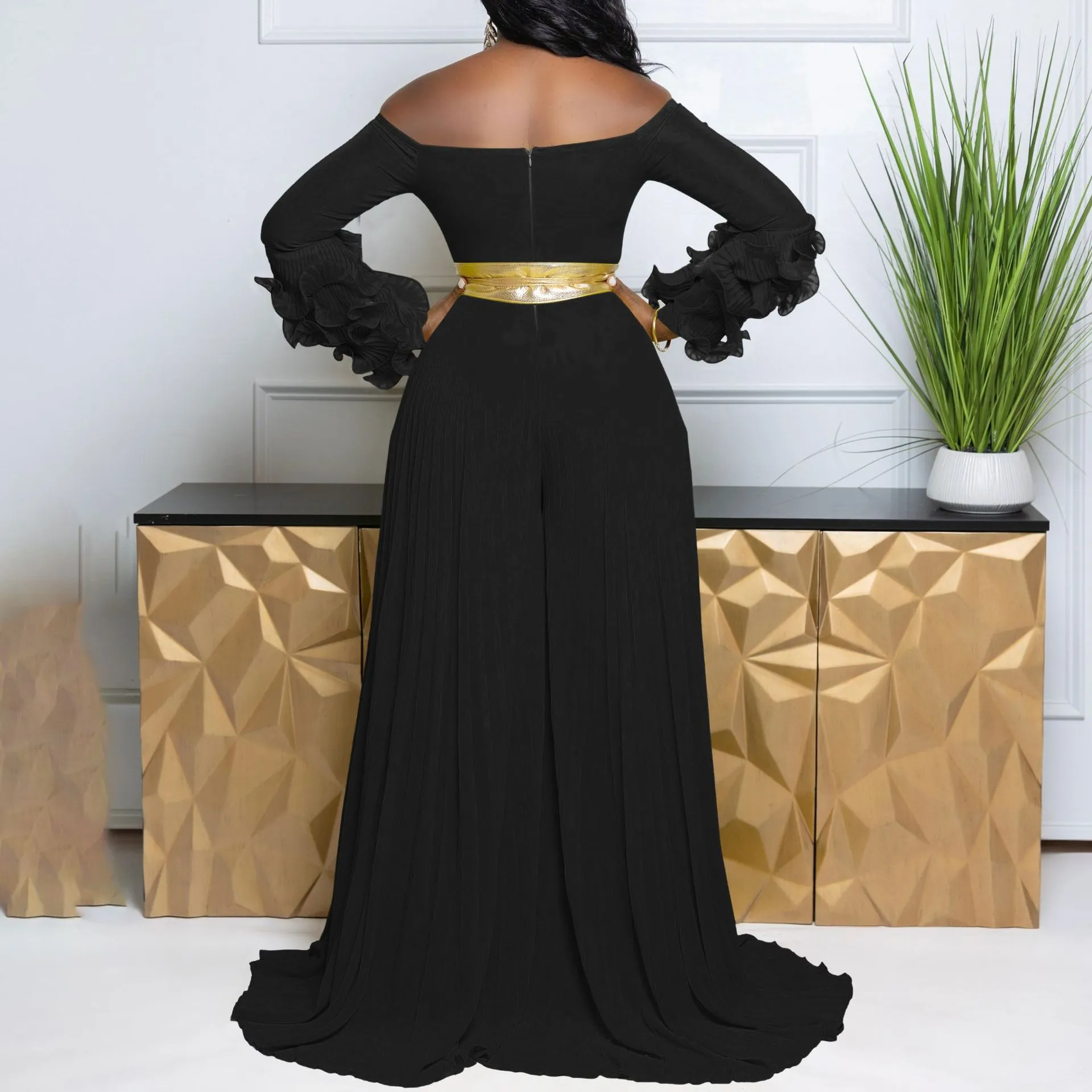 Sophisticated Off-Shoulder Ruffle Sleeve Pleated Wide-Leg Jumpsuit
