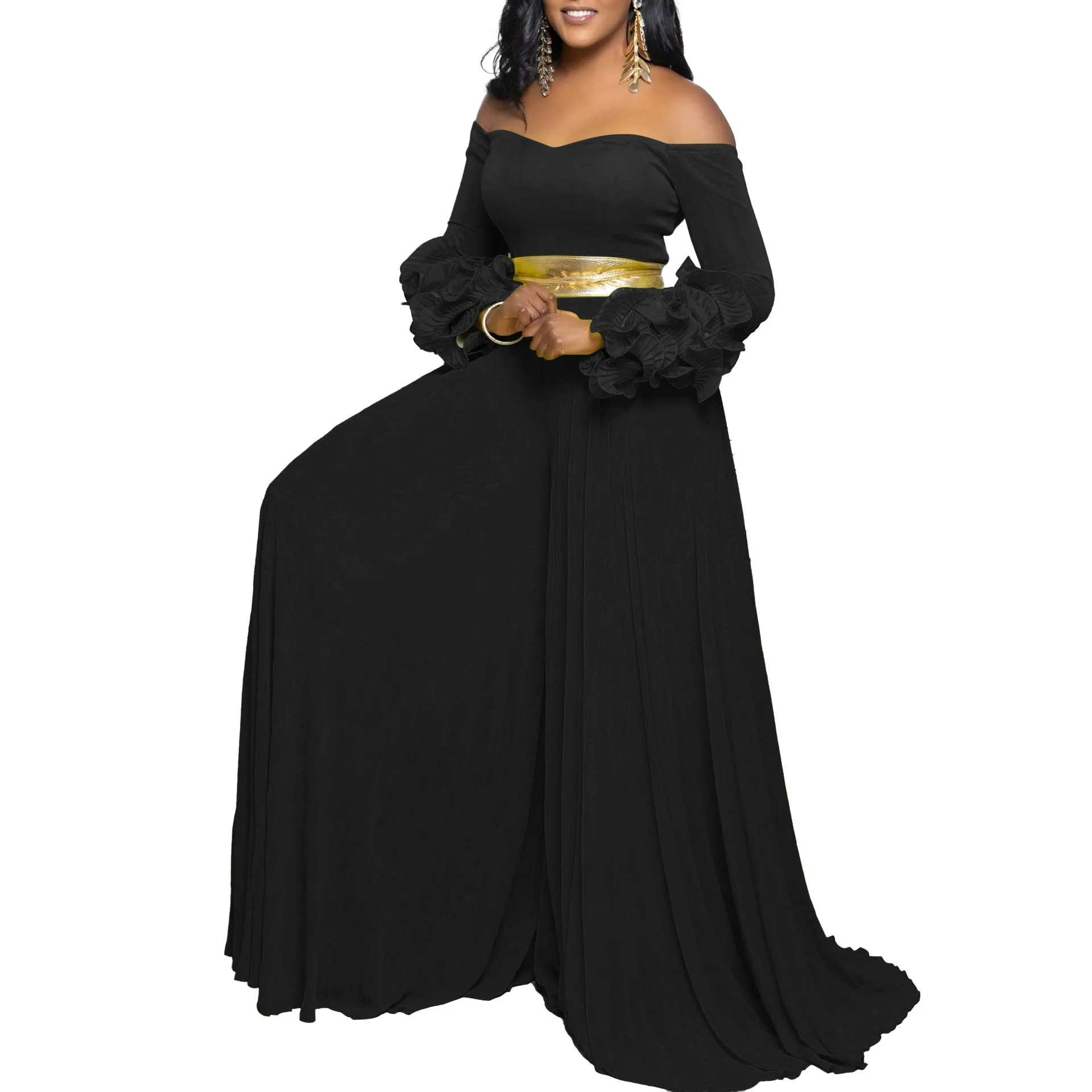 Sophisticated Off-Shoulder Ruffle Sleeve Pleated Wide-Leg Jumpsuit