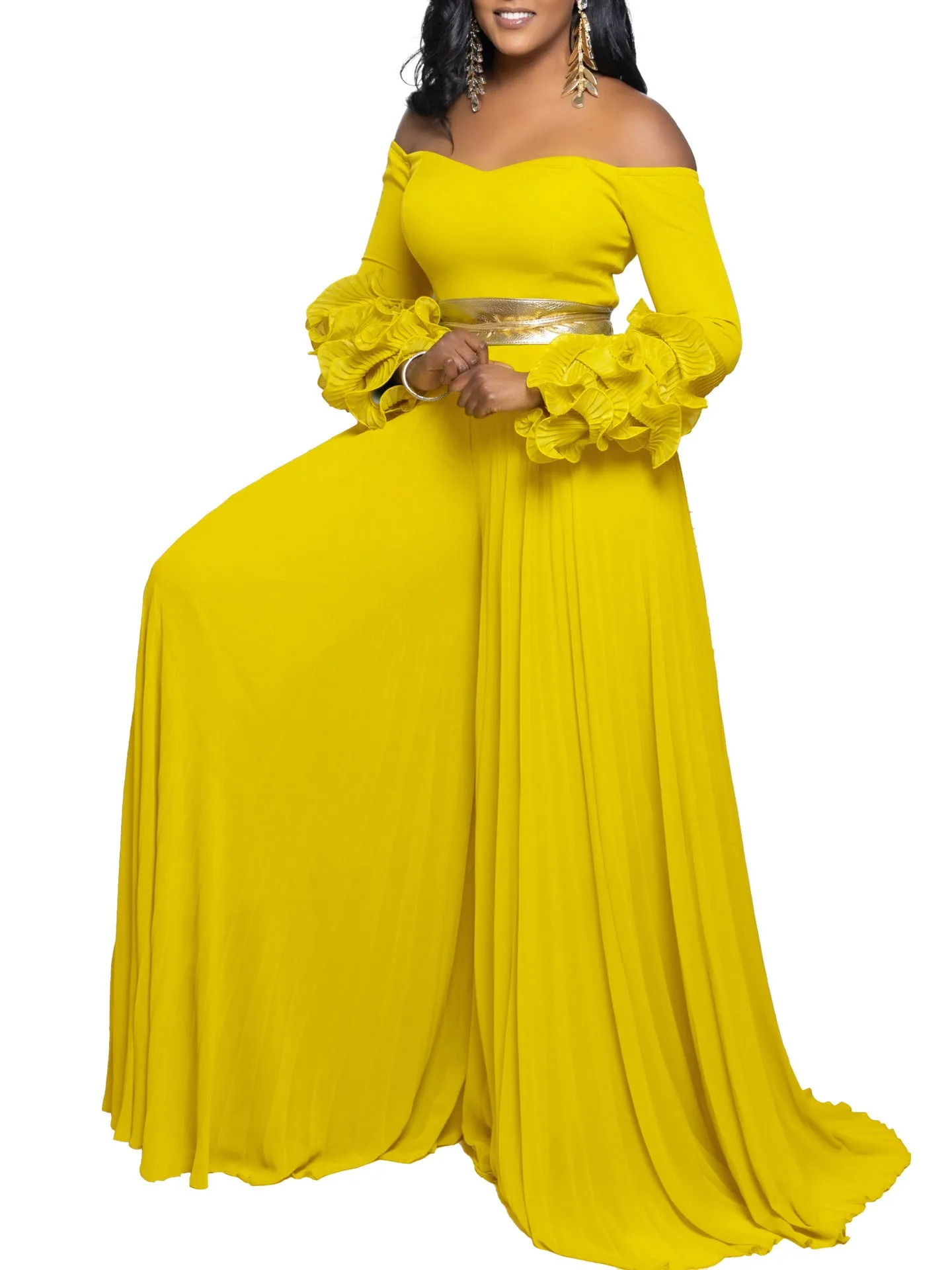 Sophisticated Off-Shoulder Ruffle Sleeve Pleated Wide-Leg Jumpsuit