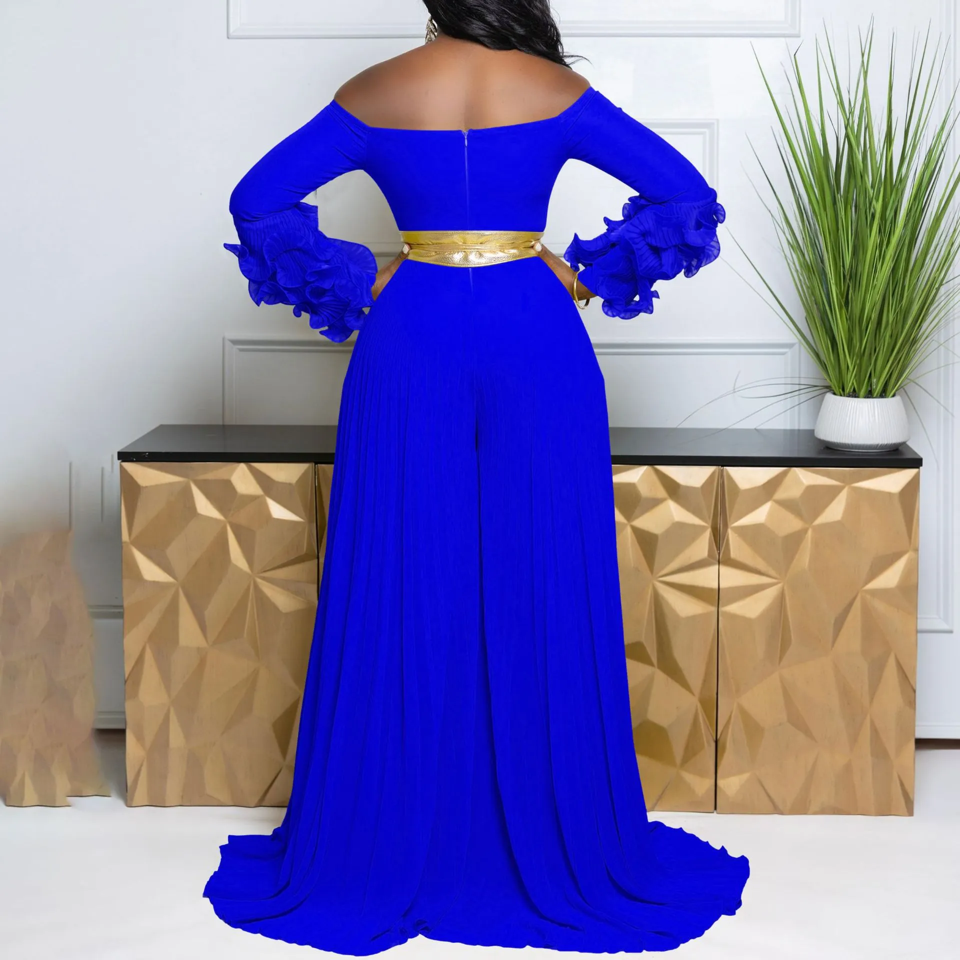 Sophisticated Off-Shoulder Ruffle Sleeve Pleated Wide-Leg Jumpsuit