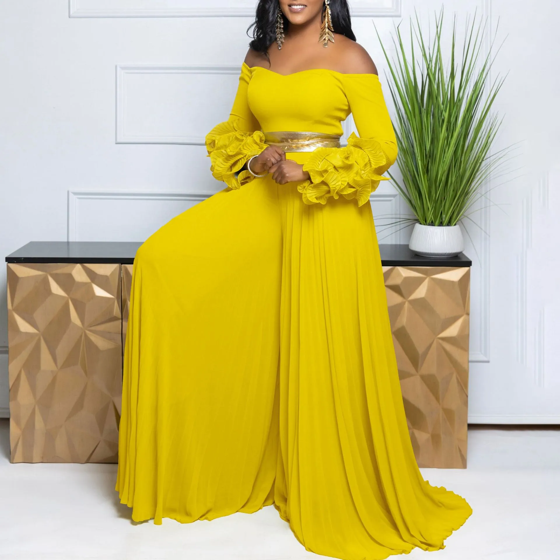 Sophisticated Off-Shoulder Ruffle Sleeve Pleated Wide-Leg Jumpsuit