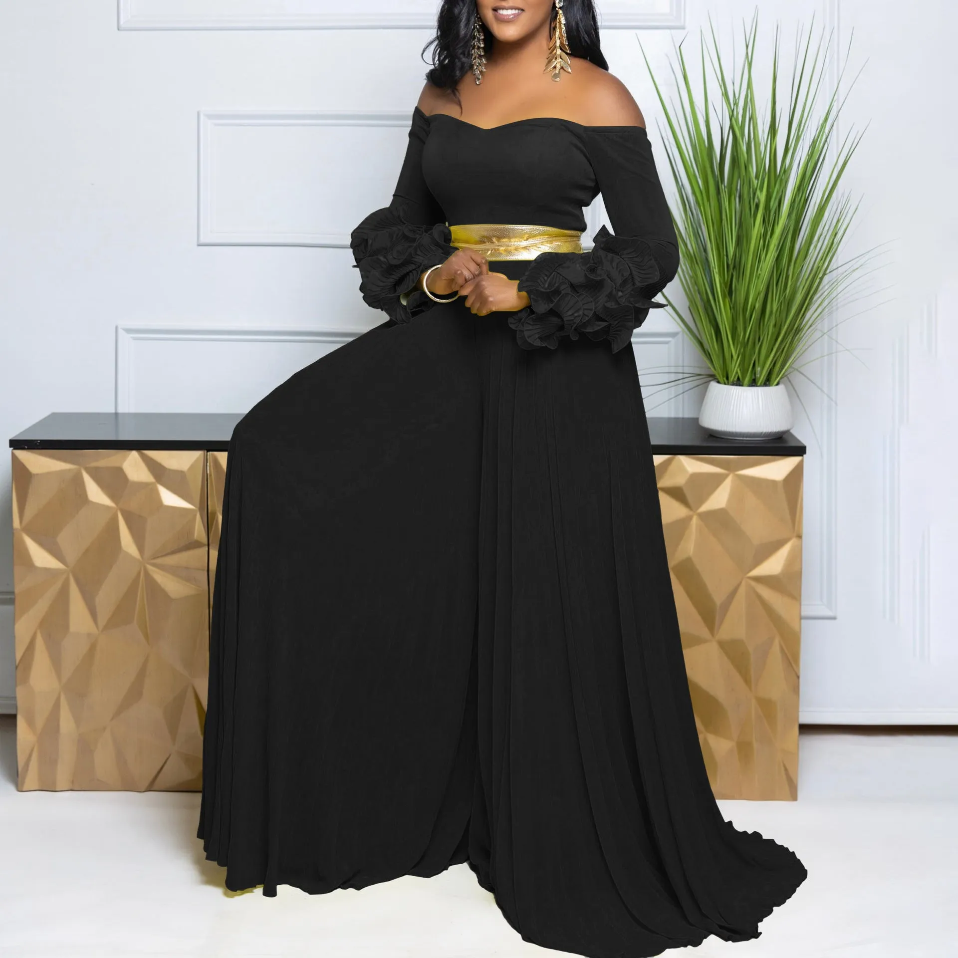 Sophisticated Off-Shoulder Ruffle Sleeve Pleated Wide-Leg Jumpsuit