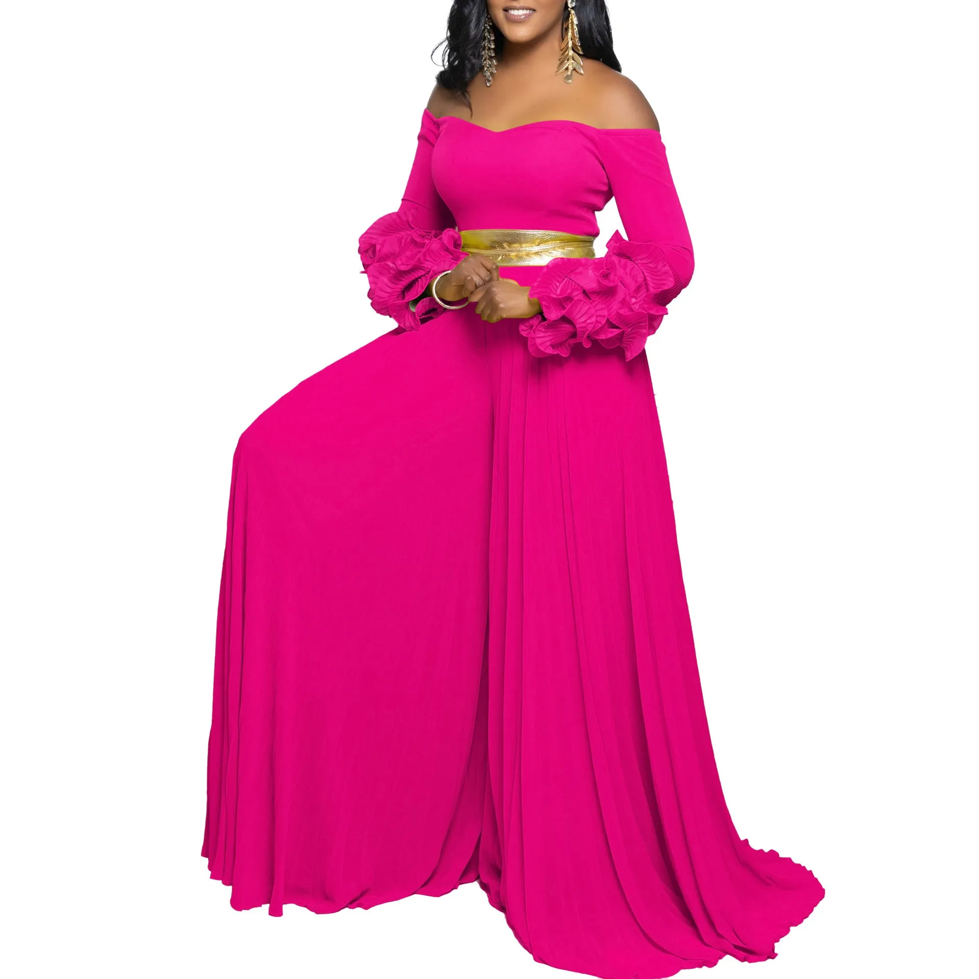 Sophisticated Off-Shoulder Ruffle Sleeve Pleated Wide-Leg Jumpsuit