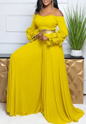 Sophisticated Off-Shoulder Ruffle Sleeve Pleated Wide-Leg Jumpsuit
