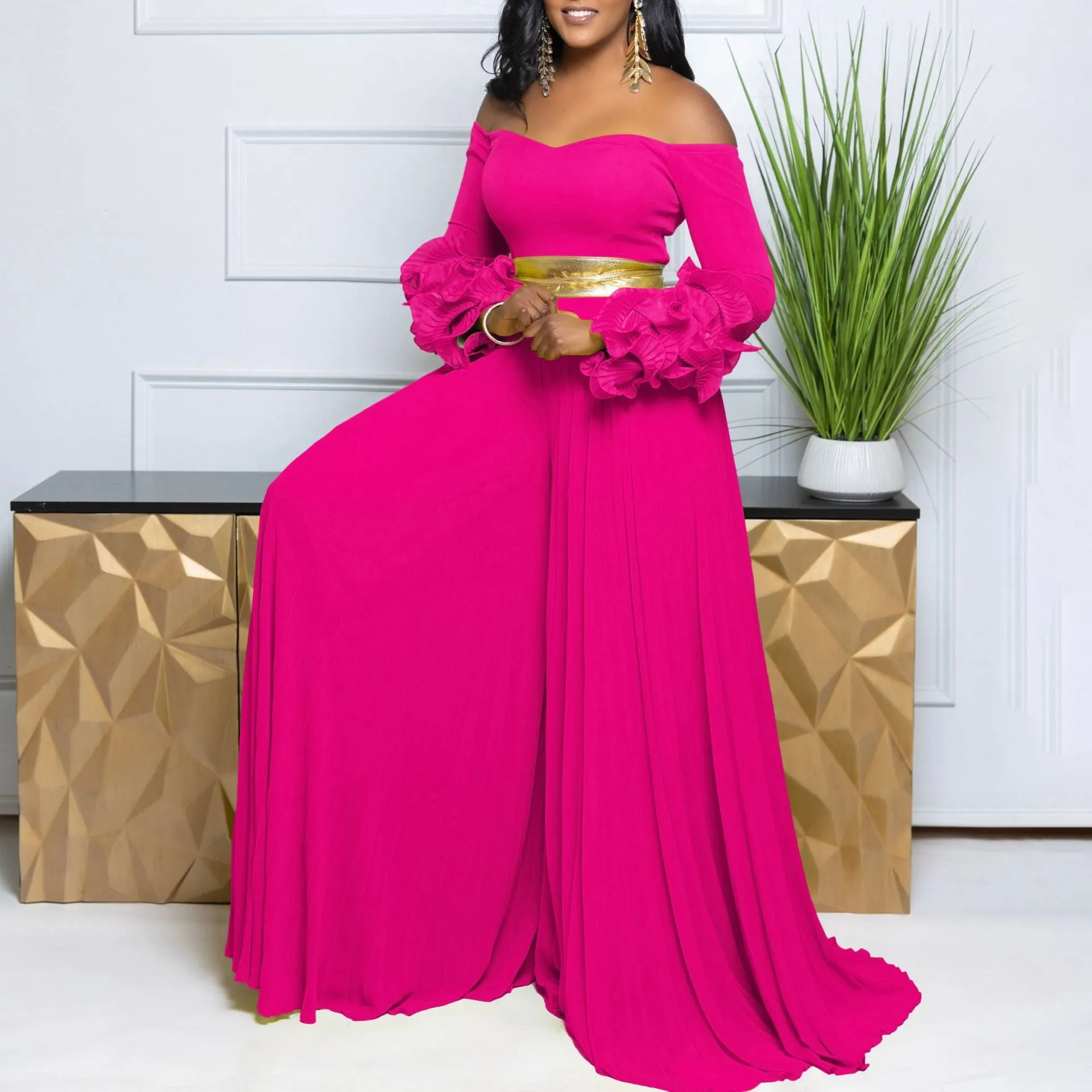 Sophisticated Off-Shoulder Ruffle Sleeve Pleated Wide-Leg Jumpsuit