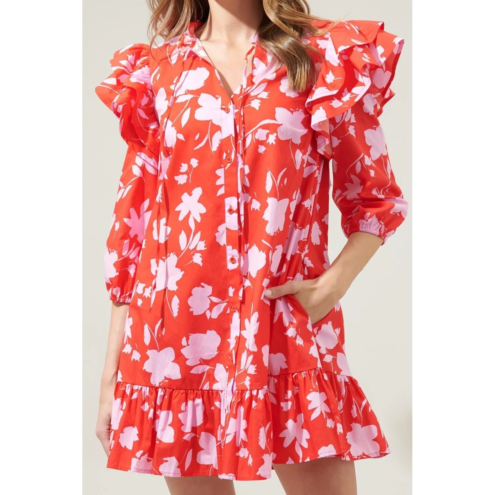 The Sammy Red Pink Floral Drop Waist Dress