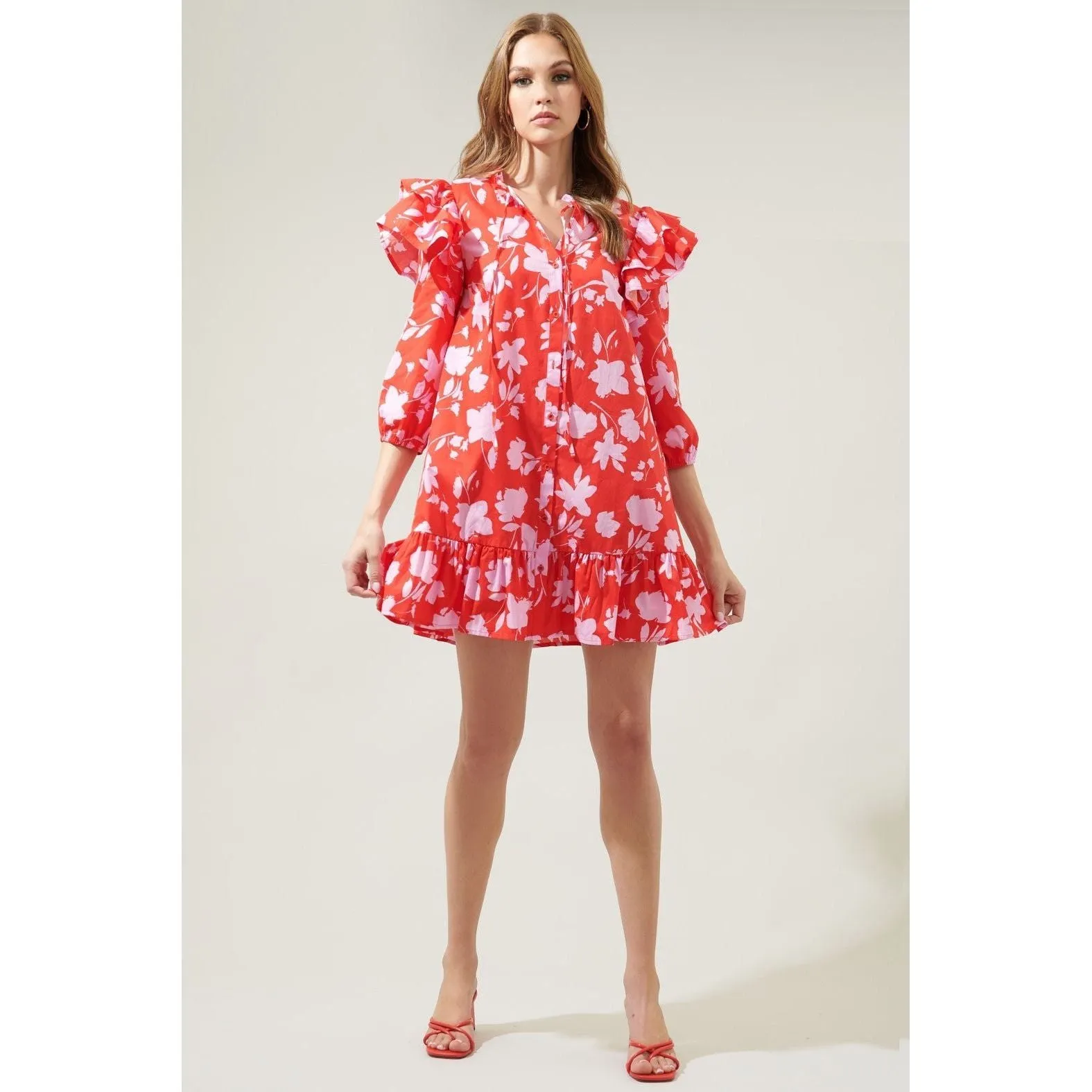 The Sammy Red Pink Floral Drop Waist Dress