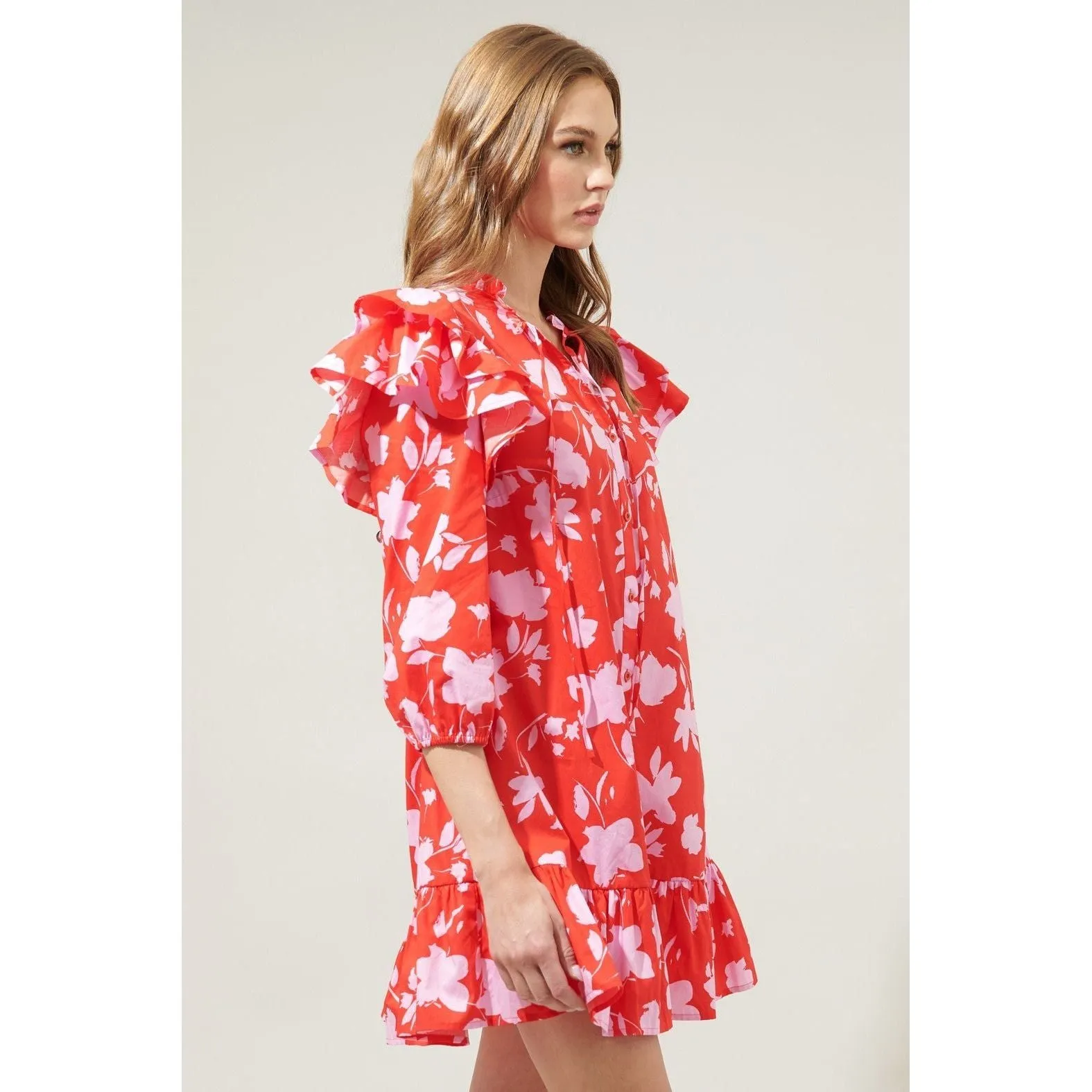 The Sammy Red Pink Floral Drop Waist Dress