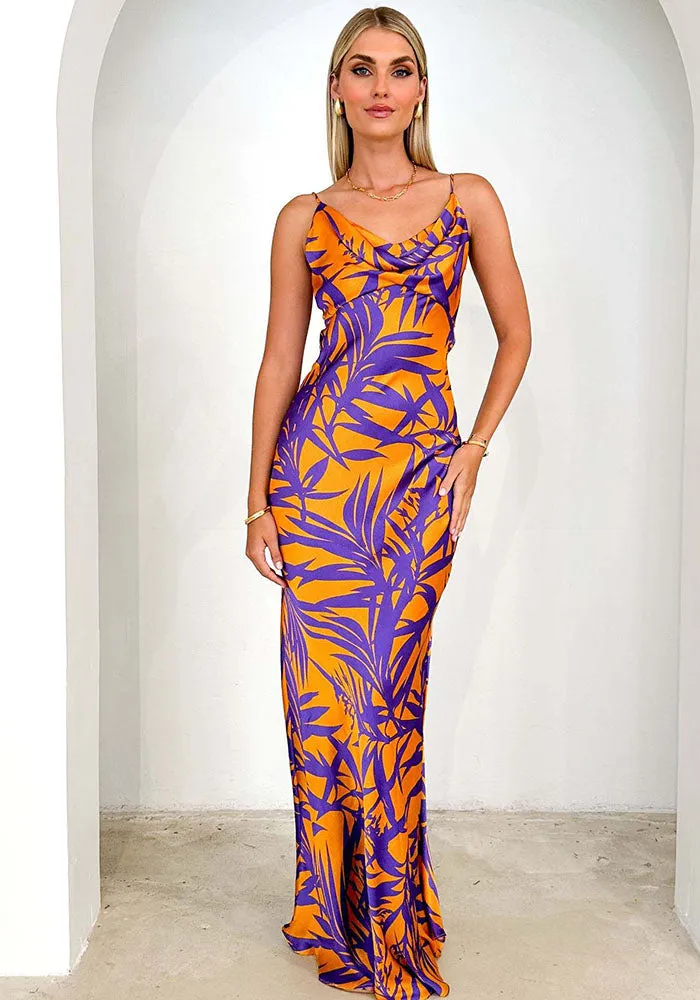 Vibrant Tropical Print V-Neck Maxi Dress with Sleek Silhouette