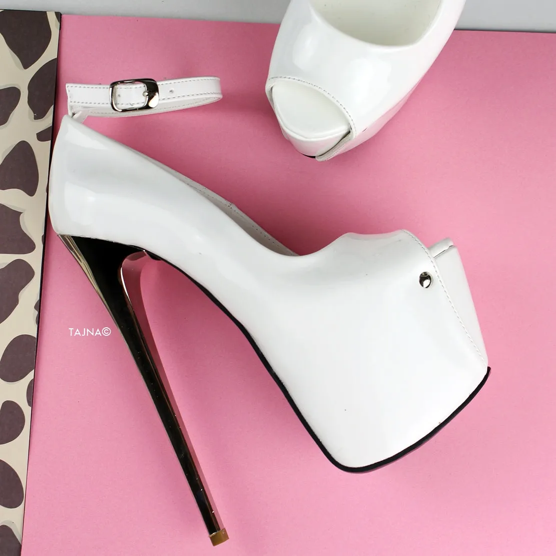 White Patent Peep Toe Ankle Strap Heels