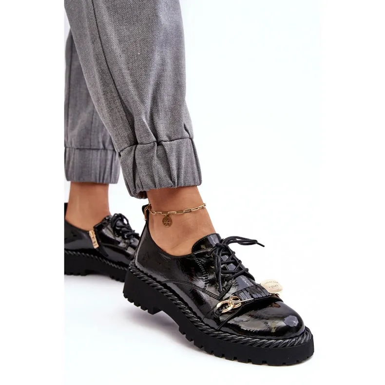 Woman Black Shoes Flat with Gold Front Buckle Design