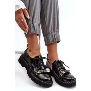 Woman Black Shoes Flat with Gold Front Buckle Design