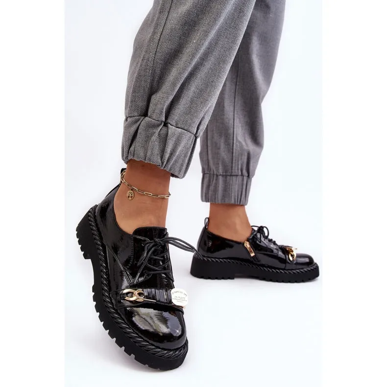 Woman Black Shoes Flat with Gold Front Buckle Design