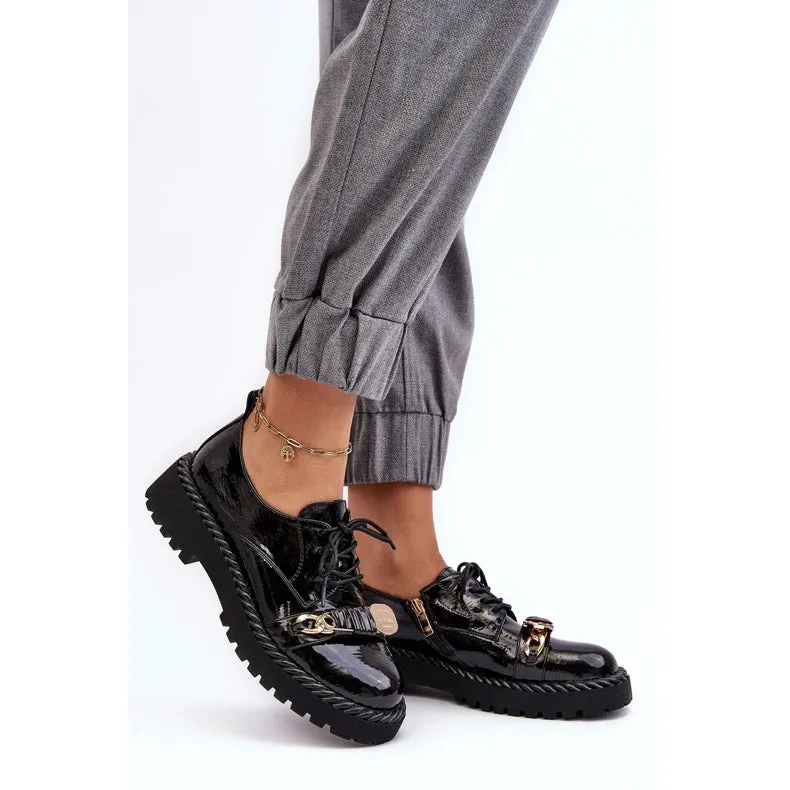 Woman Black Shoes Flat with Gold Front Buckle Design