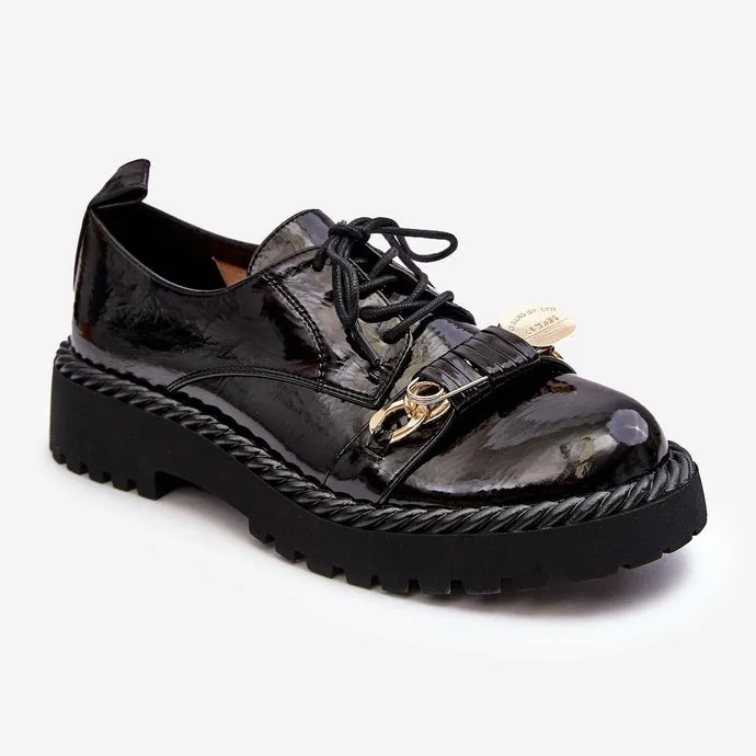 Woman Black Shoes Flat with Gold Front Buckle Design