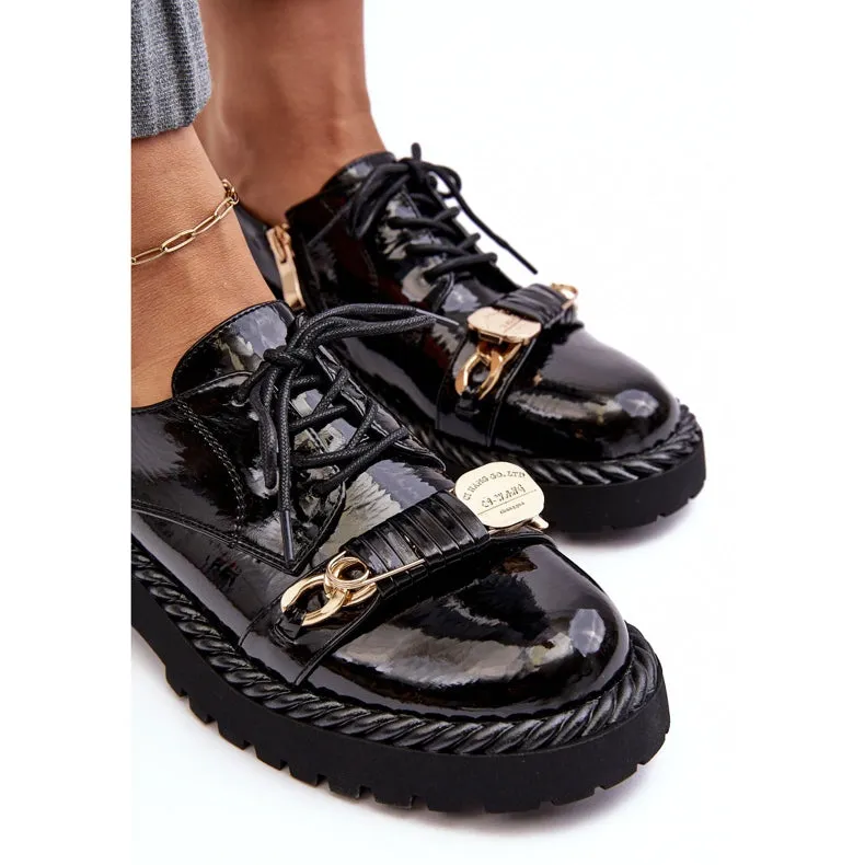 Woman Black Shoes Flat with Gold Front Buckle Design