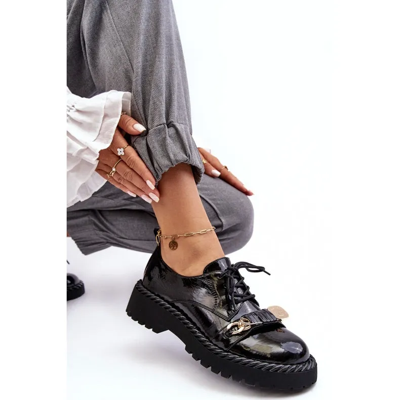 Woman Black Shoes Flat with Gold Front Buckle Design