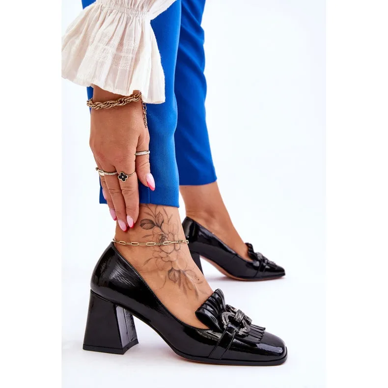Woman Block Heels Black Fringe Front Shoes