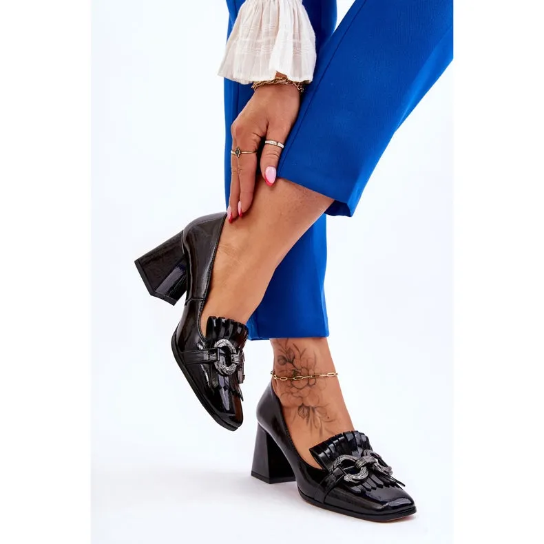 Woman Block Heels Black Fringe Front Shoes