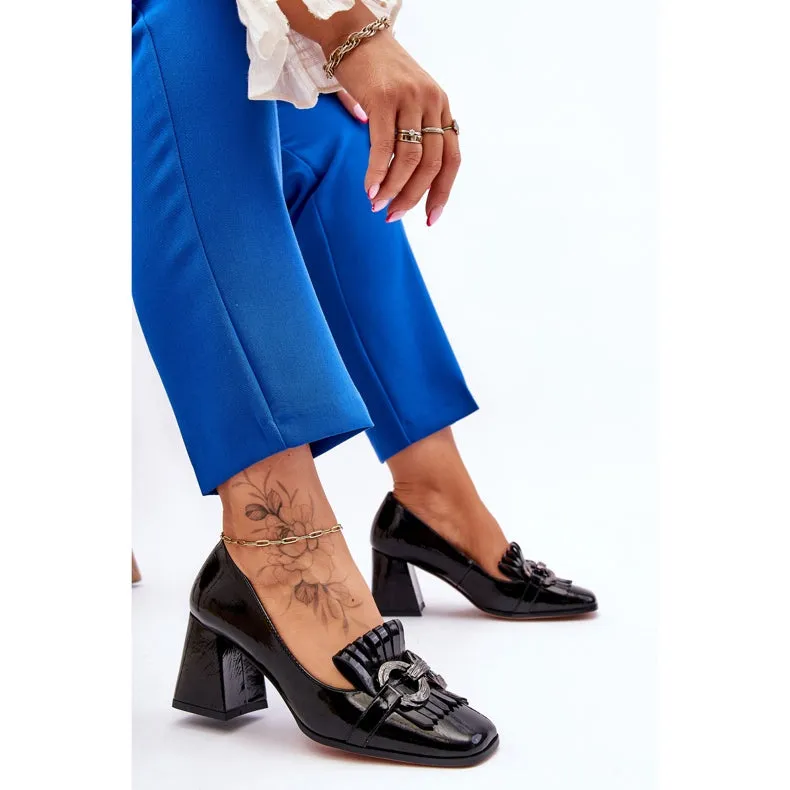 Woman Block Heels Black Fringe Front Shoes