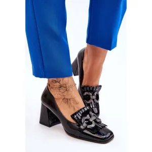 Woman Block Heels Black Fringe Front Shoes