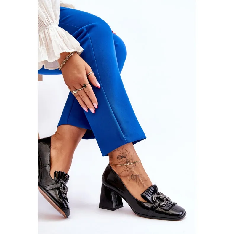 Woman Block Heels Black Fringe Front Shoes