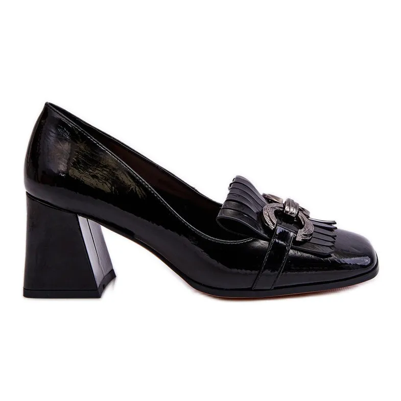 Woman Block Heels Black Fringe Front Shoes