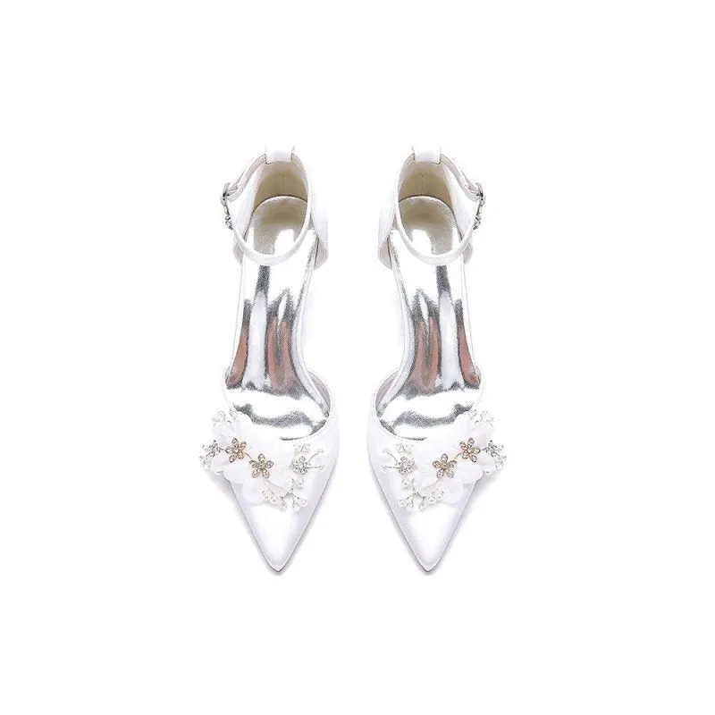 Women's Wedding Shoes Pointed Toe Ankle Strap Stiletto Heels with Rhinestone Flower