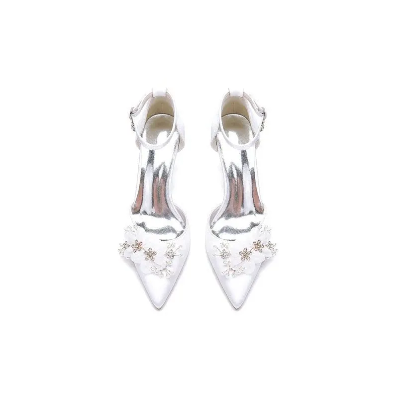Women's Wedding Shoes Pointed Toe Ankle Strap Stiletto Heels with Rhinestone Flower